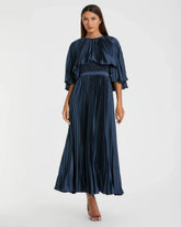 Navy Pleated Caplet Tea-length Dress