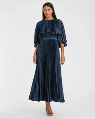 Navy Pleated Caplet Tea-length Dress