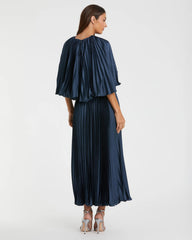 Navy Pleated Caplet Tea-length Dress