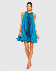 Blue Pleated Halter Neck Flowy Mini Trapeze Dress