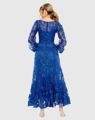 Blue V-Neck Embroidered A-line Tea Length Dress