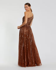 Brown Embellished One Shoulder A-Line Gown