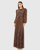 Brown Sheer Long Sleeve Beaded Gown