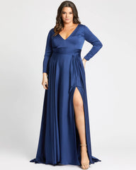 Navy Satin Long Sleeve Evening Gown (Plus)
