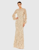 Gold Embellished High Neck Puff Sleeve Trumpet Gown
