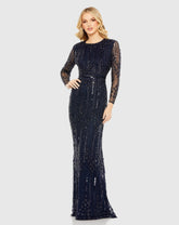 Navy Embellished Long Sleeve Column Gown
