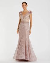 Pink Embroidered Illusion Appliqued Bodice Trumpet Gown