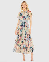 Multicolor Floral Chiffon High Neck Flutter Sleeve Dress