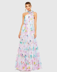 Multicolor Floral Print Asymmetrical Halter Neck Tiered Gown
