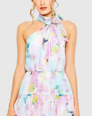 Multicolor Floral Print Asymmetrical Halter Neck Tiered Gown