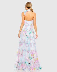 Multicolor Floral Print Asymmetrical Halter Neck Tiered Gown