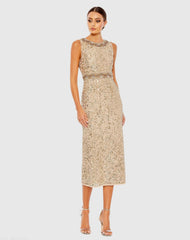 Gold Embellished Sleeveless High Neck Midi Dress