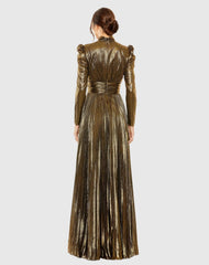 Gold Long Sleeve Keyhole Neck Heat Pleat Metallic Gown