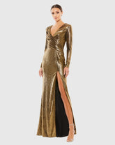 Gold Metallic Long Sleeve Asymmetrical Ruched Gown