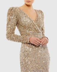 Gold Puff Shoulder Sequined Surplice Gown