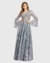 Gray Embellished Illusion Bell Sleeve A Line Gown