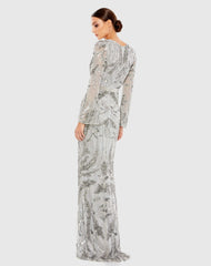 Silver Sequined Faux Wrap Split Long Sleeve Gown