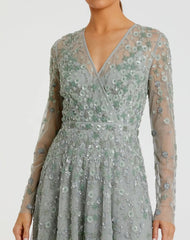 Green Embellished Wrap Over Illusion Long Sleeve A Line Gown