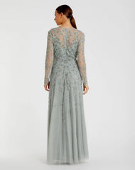 Green Embellished Wrap Over Illusion Long Sleeve A Line Gown