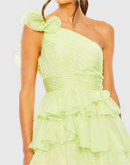 Green One Shoulder Ruffle Tiered Ballgown