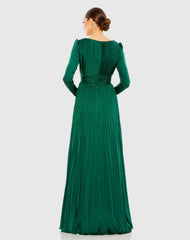 Green Pleated Long Sleeve V-Neck Gown