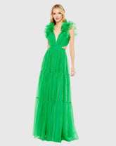 Green Ruffled Shoulder Cut Out Soft Tie Back Tiered Gown
