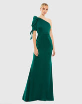 Green Satin One Shoulder Puff Sleeve Trumpet Gown