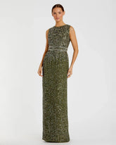 Green Sequined High Neck Sleeveless Column Gown
