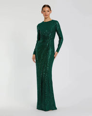 Green Sequined Long Sleeve Side Knot Gown