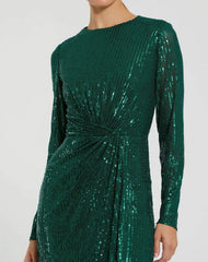 Green Sequined Long Sleeve Side Knot Gown