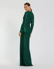 Green Sequined Long Sleeve Side Knot Gown