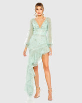 Green V Neck Empire Sleeve High Low Dress