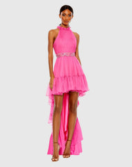 Pink Halter Neck High Low Flowy Gown