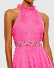 Pink Halter Neck High Low Flowy Gown