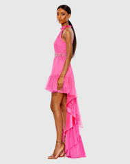 Pink Halter Neck High Low Flowy Gown