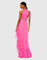Pink Halter Neck High Low Flowy Gown