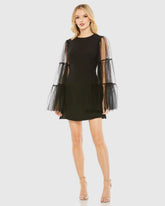 Black High Neck Flared Sleeve Mini Dress