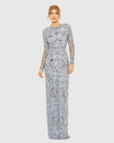 Blue High Neck Long Sleeve Embellished Column Gown