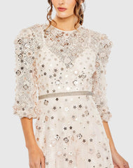 Pink Floral Applique Puff Sleeve High Neck A-Line Gown