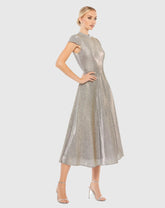 Silver Metallic Cap Sleeve Tea-Length Dress