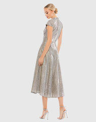 Silver Metallic Cap Sleeve Tea-Length Dress
