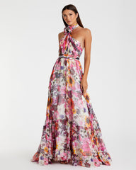 Multicolor Asymmetrical Ruffled Halter Floral Gown