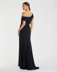 Navy Foldover Off-the-Shoulder Slit Gown