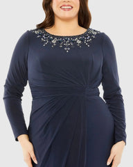 Navy Long Sleeve Embellished Neckline Jersey Gown