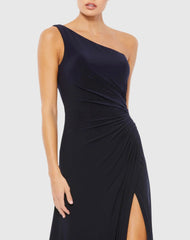 Navy One Shoulder Ruched Jersey Evening Gown