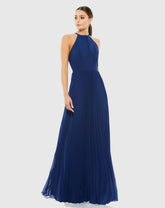 Pleated Halter Neck Flowy Gown