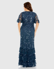 Navy Sequin Embellished Flutter Sleeve V-Neck Gown (Plus)