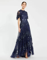 Navy Sequined High Neck Flutter Sleeve A Line Gown
