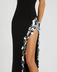 Black One Shoulder Keyhole Gown with Embellished Slit