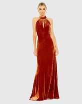 Orange Halter Tie Front Slit Velvet Column Gown